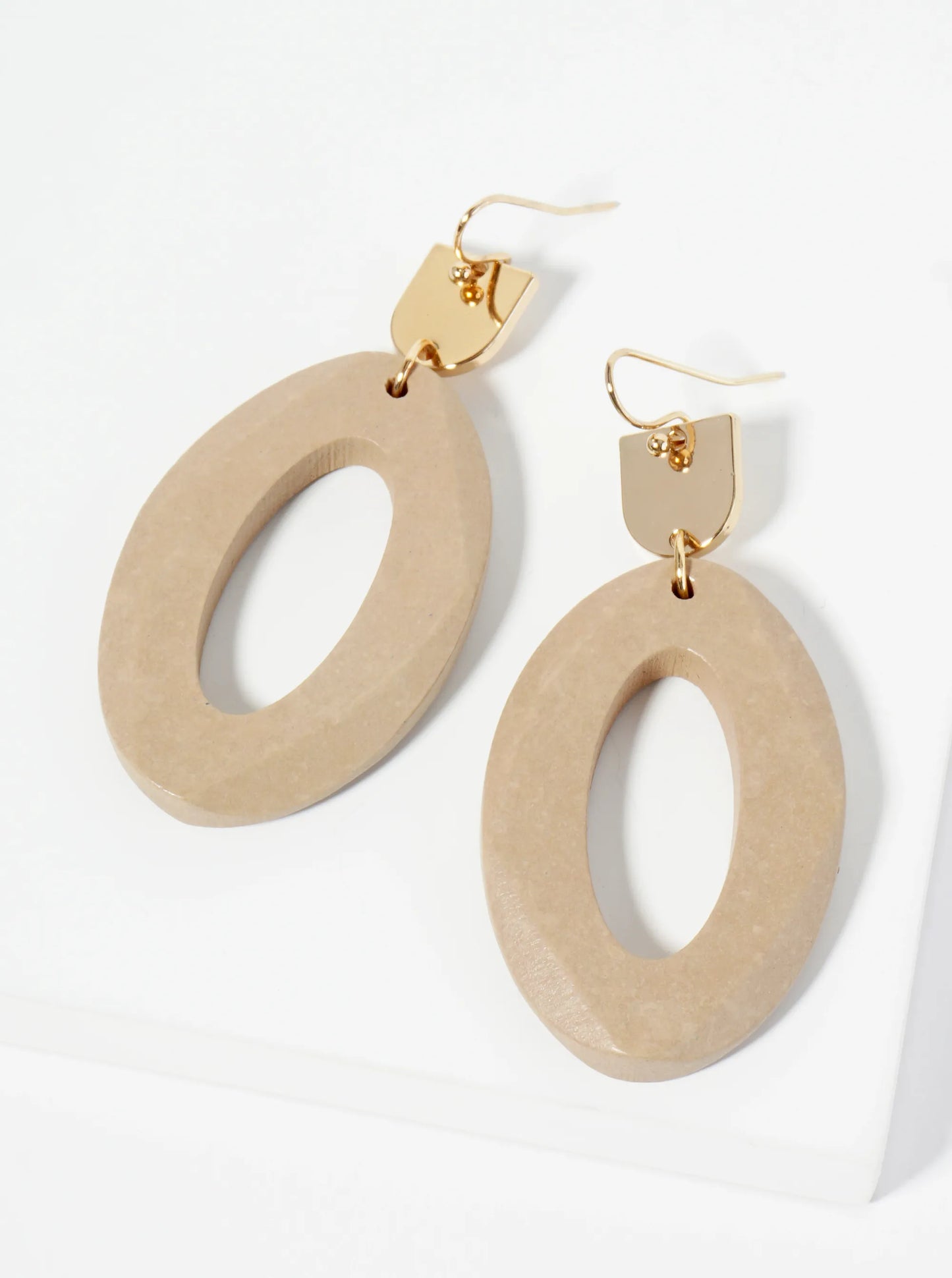 Faceted Wooden Oval Dangle Drop Earrings