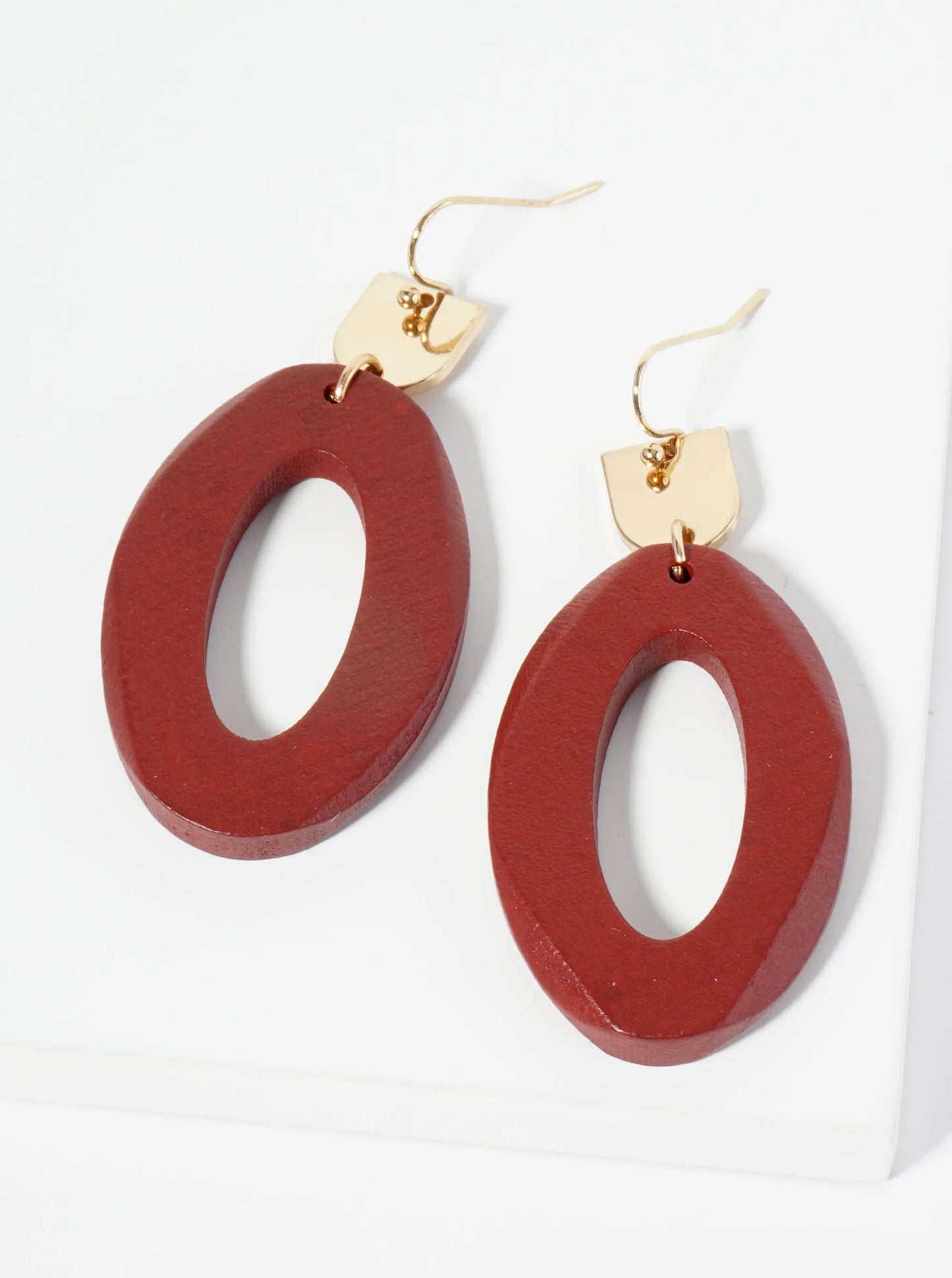 Faceted Wooden Oval Dangle Drop Earrings