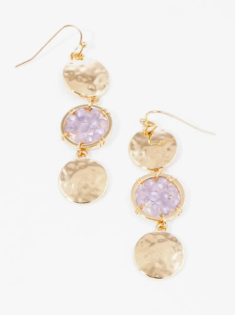 Faceted Beaded Circle And Hammer Textured Disc Dangle Drop Earrings