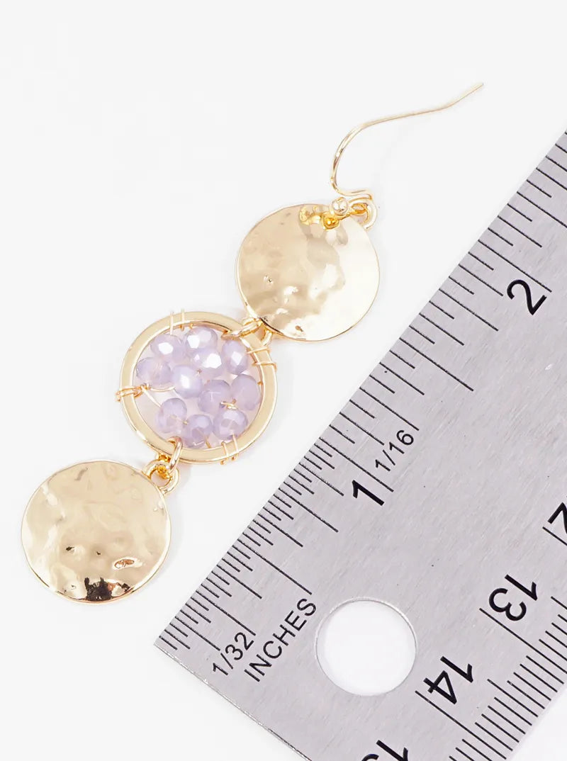 Faceted Beaded Circle And Hammer Textured Disc Dangle Drop Earrings