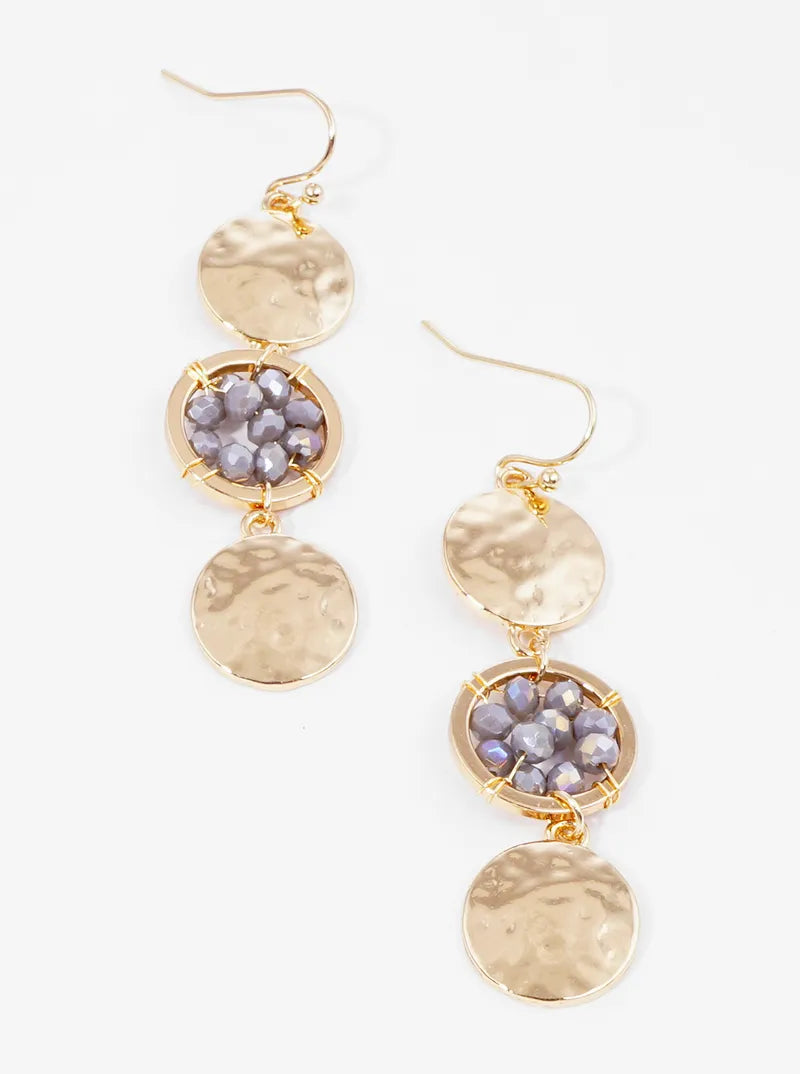 Faceted Beaded Circle And Hammer Textured Disc Dangle Drop Earrings