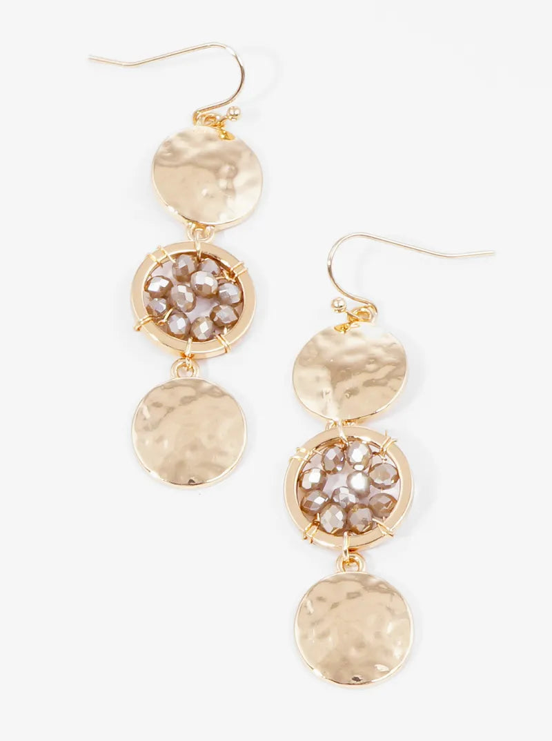 Faceted Beaded Circle And Hammer Textured Disc Dangle Drop Earrings