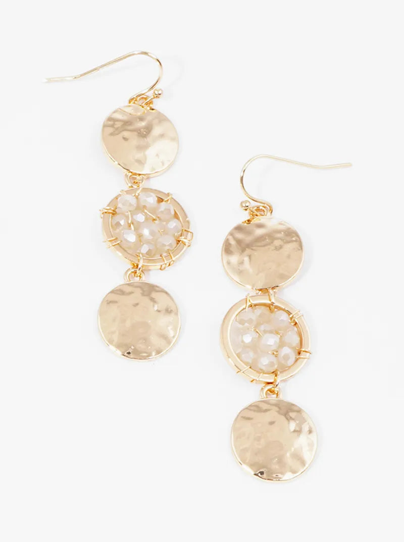 Faceted Beaded Circle And Hammer Textured Disc Dangle Drop Earrings