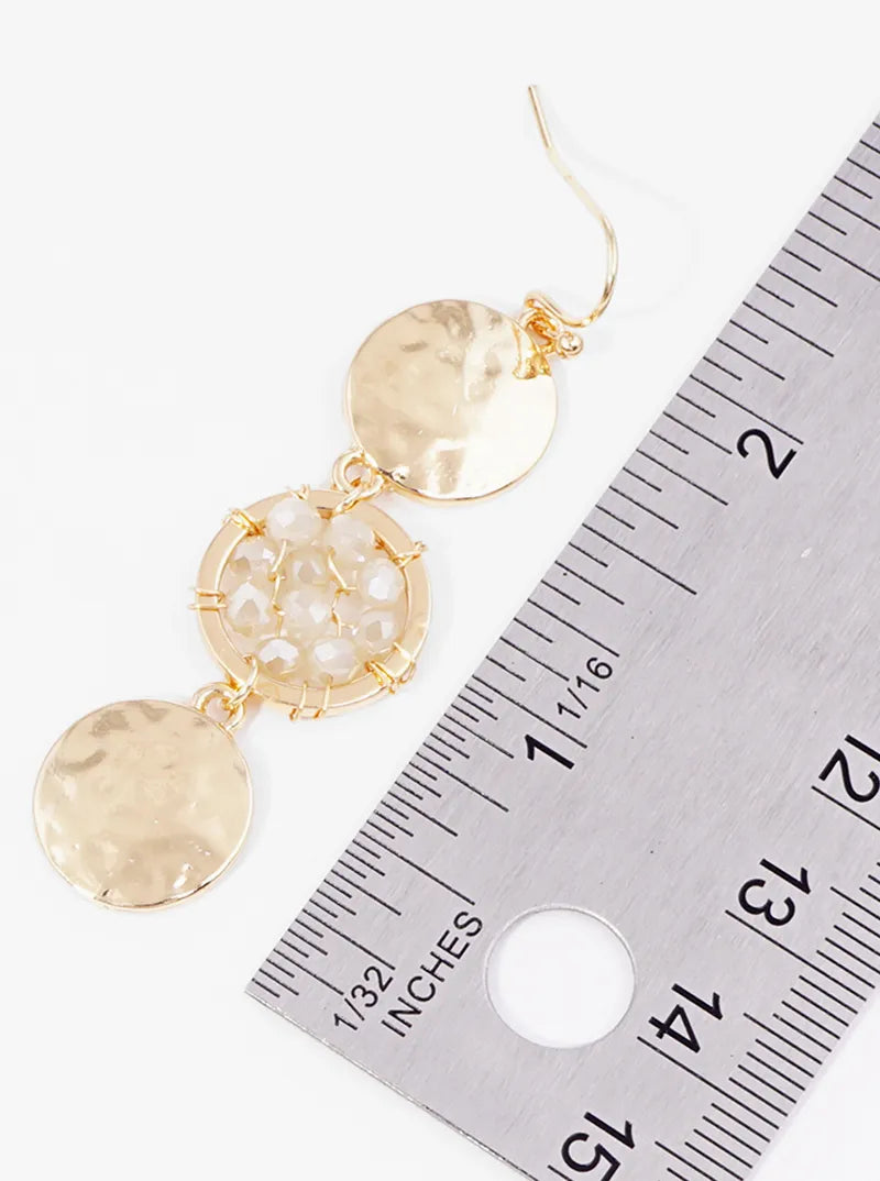Faceted Beaded Circle And Hammer Textured Disc Dangle Drop Earrings