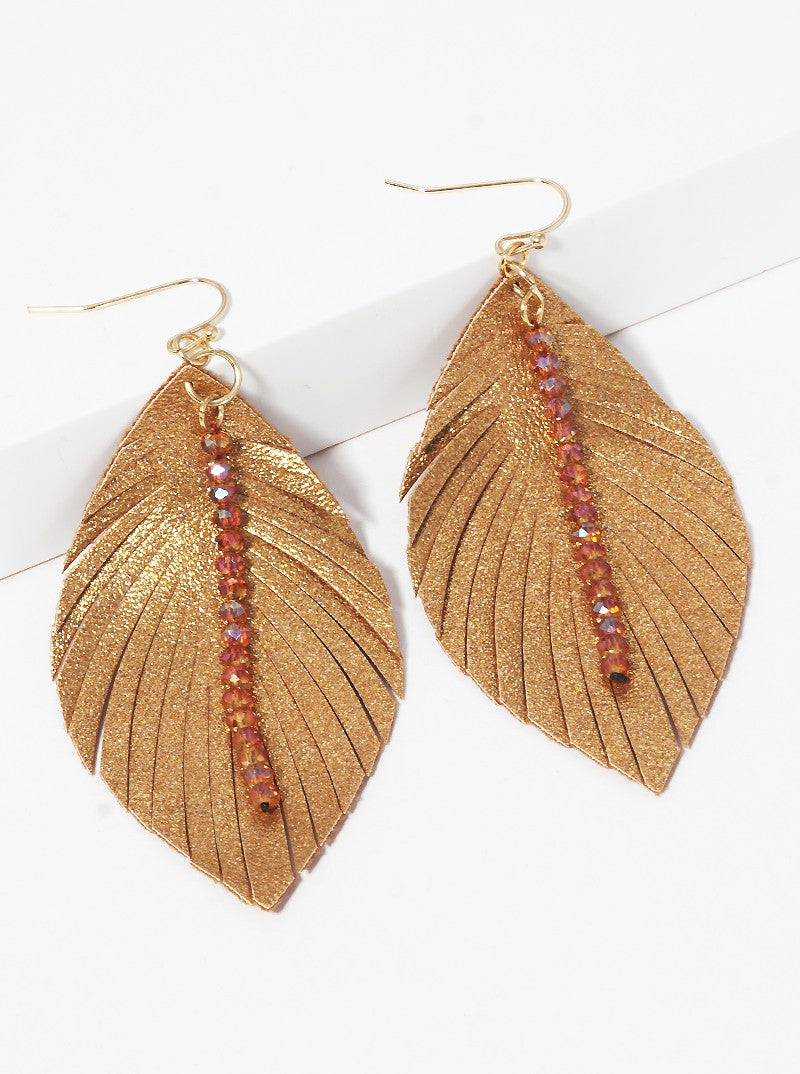 Faceted Glass Bead Drop Leatherette Feather Dangle Drop Earrings