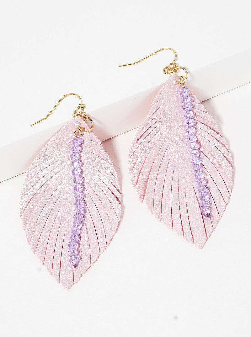 Faceted Glass Bead Drop Leatherette Feather Dangle Drop Earrings