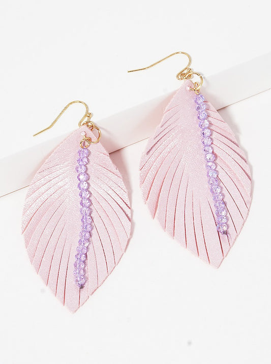 Faceted Glass Bead Drop Leatherette Feather Dangle Drop Earrings
