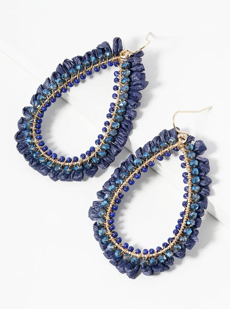 Faceted Glass Beaded Teardrop Raffia Dangle Drop Earrings