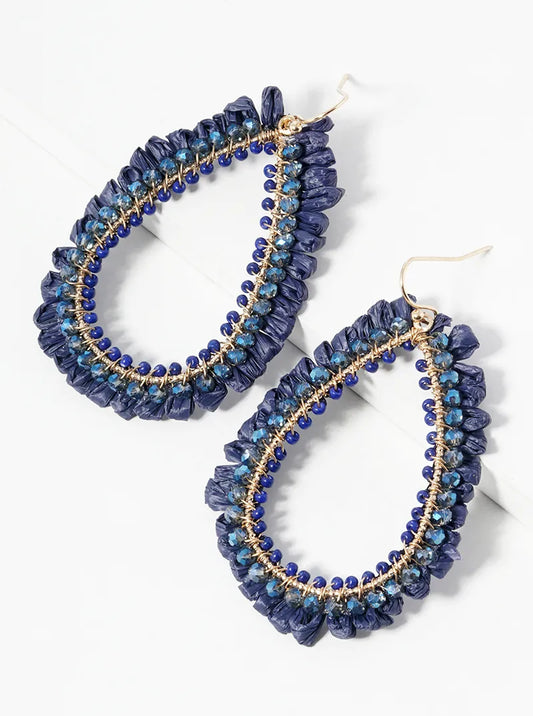 Faceted Glass Beaded Teardrop Raffia Dangle Drop Earrings