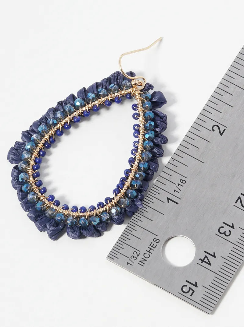 Faceted Glass Beaded Teardrop Raffia Dangle Drop Earrings
