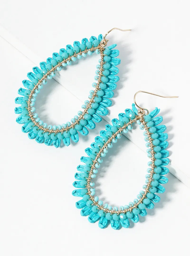 Faceted Glass Beaded Teardrop Raffia Dangle Drop Earrings