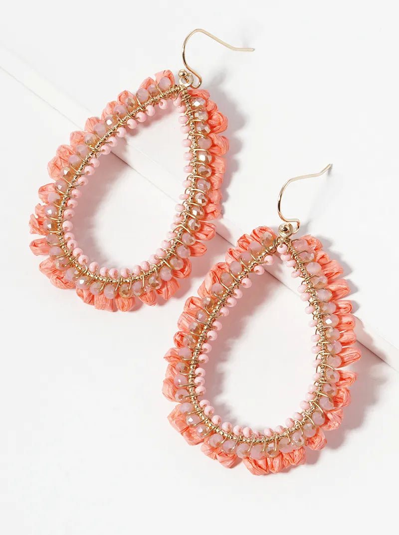 Faceted Glass Beaded Teardrop Raffia Dangle Drop Earrings
