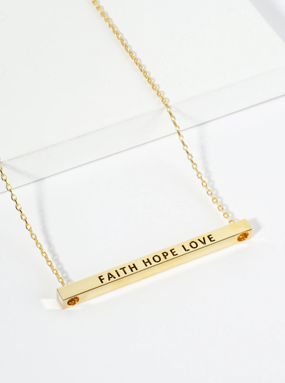 Faith Hope Love Engraved 18K Gold Dipped Horizontal Brass Bar Pendant Inspirational Necklace