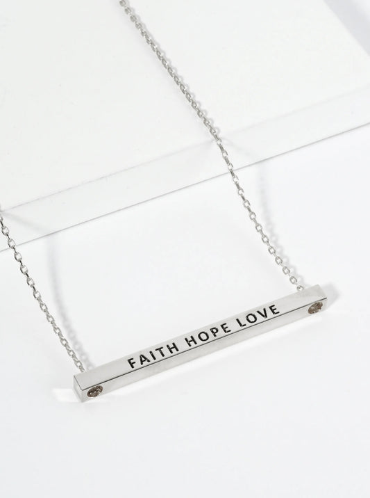 Faith Hope Love Engraved 18K Gold Dipped Horizontal Brass Bar Pendant Inspirational Necklace