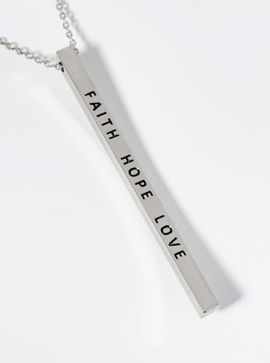Faith Hope Love Engraved Vertical Bar Pendant Inspirational Necklace