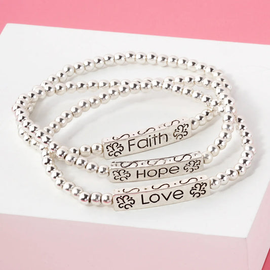 Faith Love Hope Engraved Metallic Beaded Stretch Stackable Bracelet
