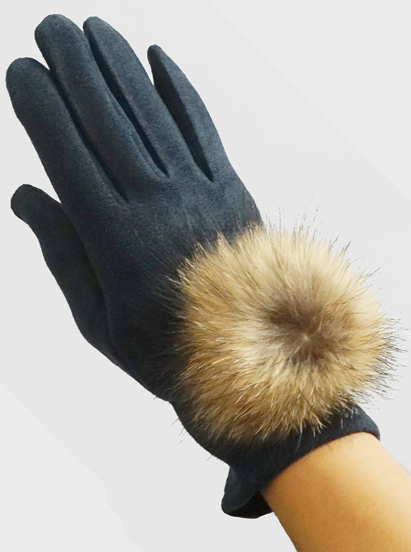 Faux Fur Pom Pom Fleece Touchscreen Gloves