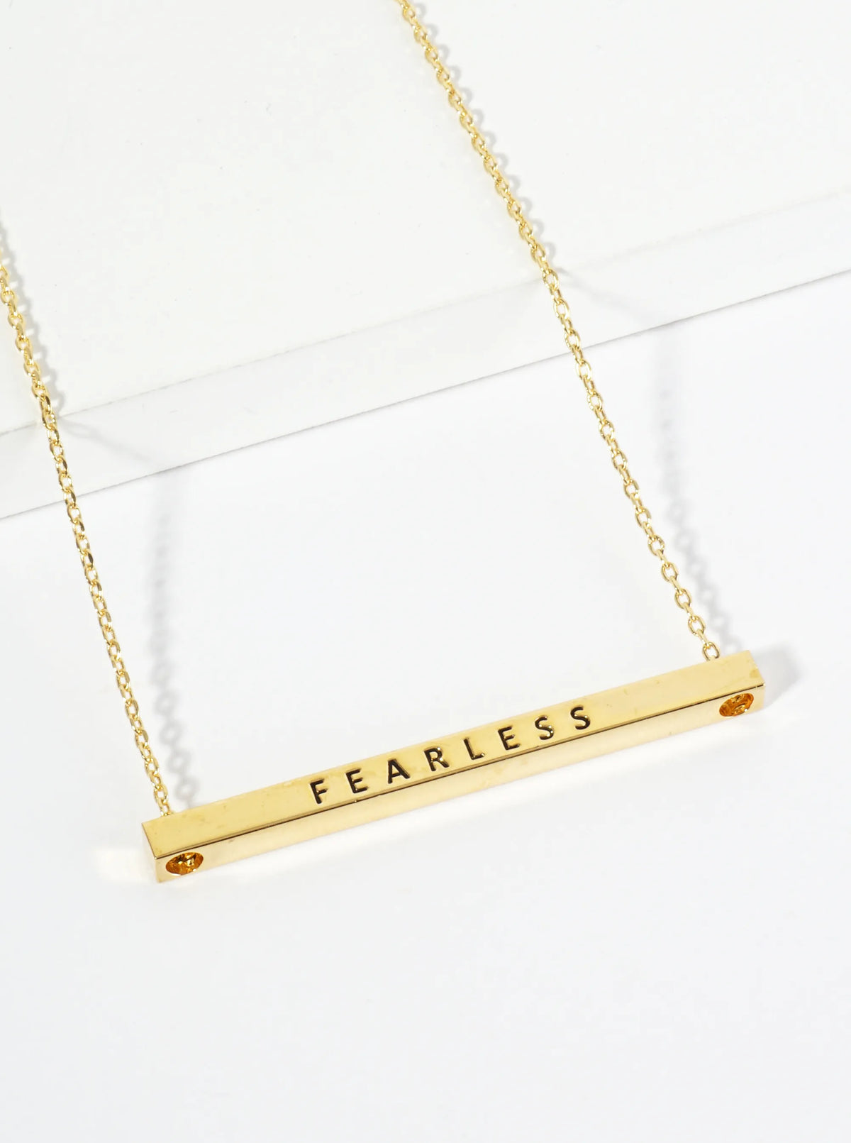 Fearless Engraved 18K Gold Dipped Horizontal Brass Bar Pendant Inspirational Necklace