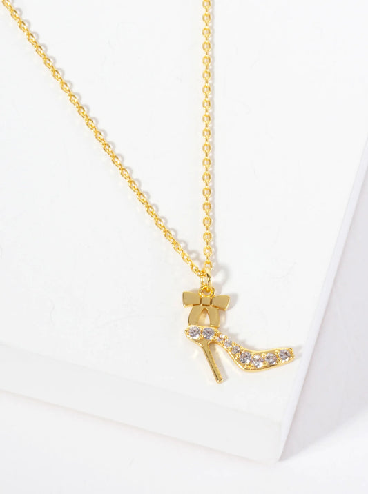 Feminine-theme 18K-Gold-Dipped Pave Set CZ High Heel And Ribbon Pendant Necklace