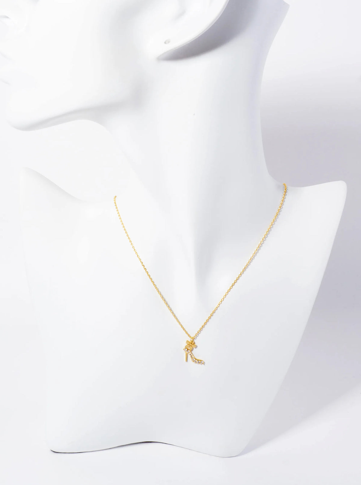 Feminine-theme 18K-Gold-Dipped Pave Set CZ High Heel And Ribbon Pendant Necklace