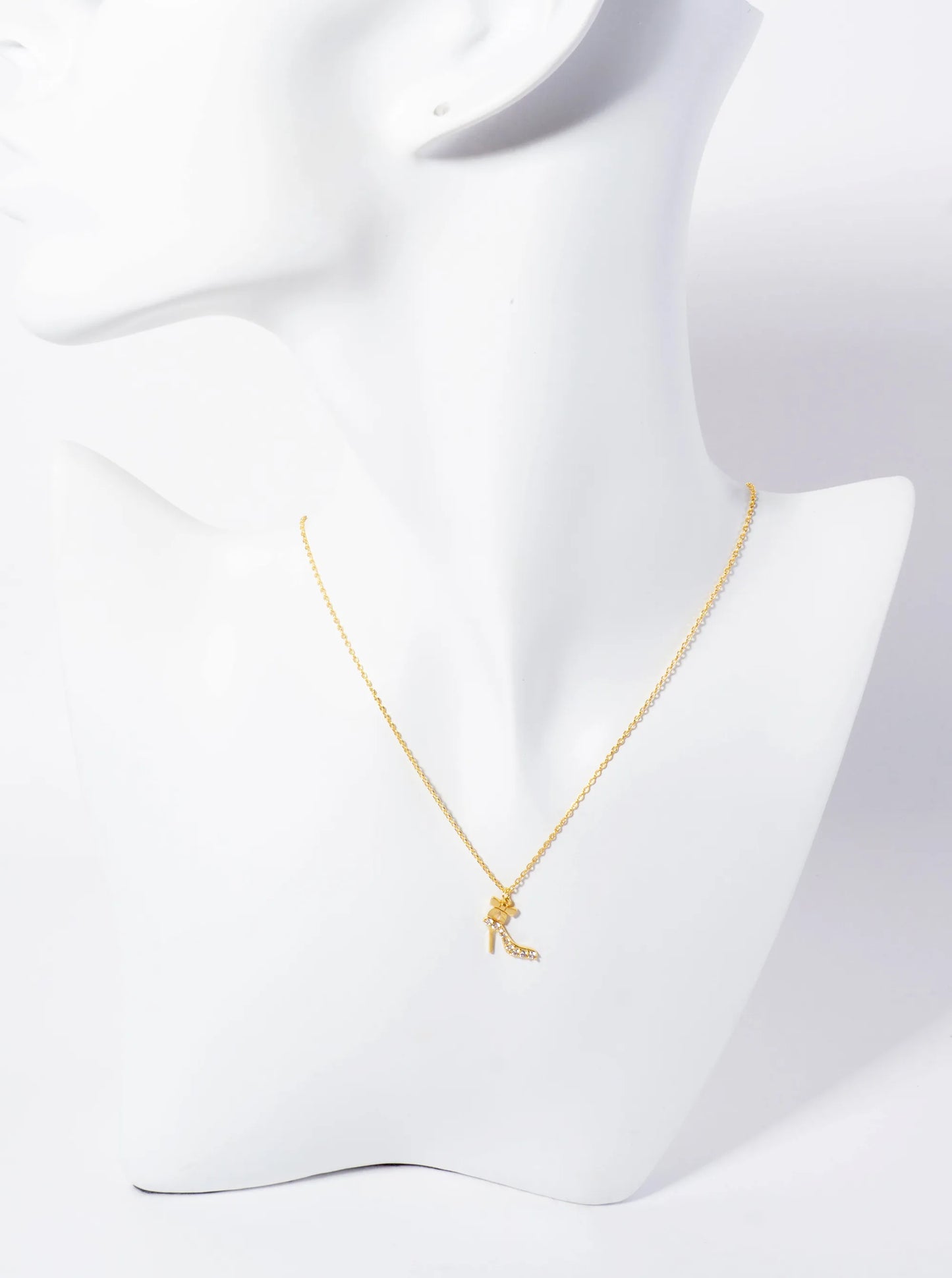 Feminine-theme 18K-Gold-Dipped Pave Set CZ High Heel And Ribbon Pendant Necklace