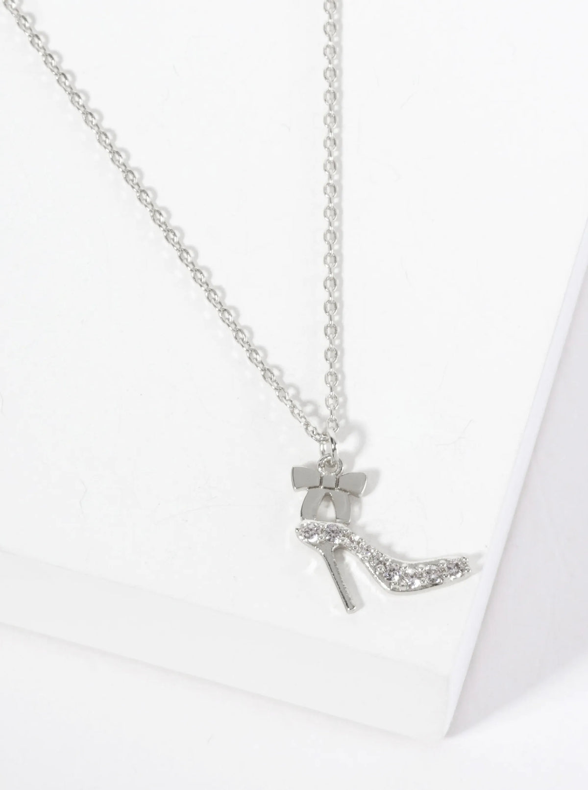 Feminine-theme 18K-Gold-Dipped Pave Set CZ High Heel And Ribbon Pendant Necklace