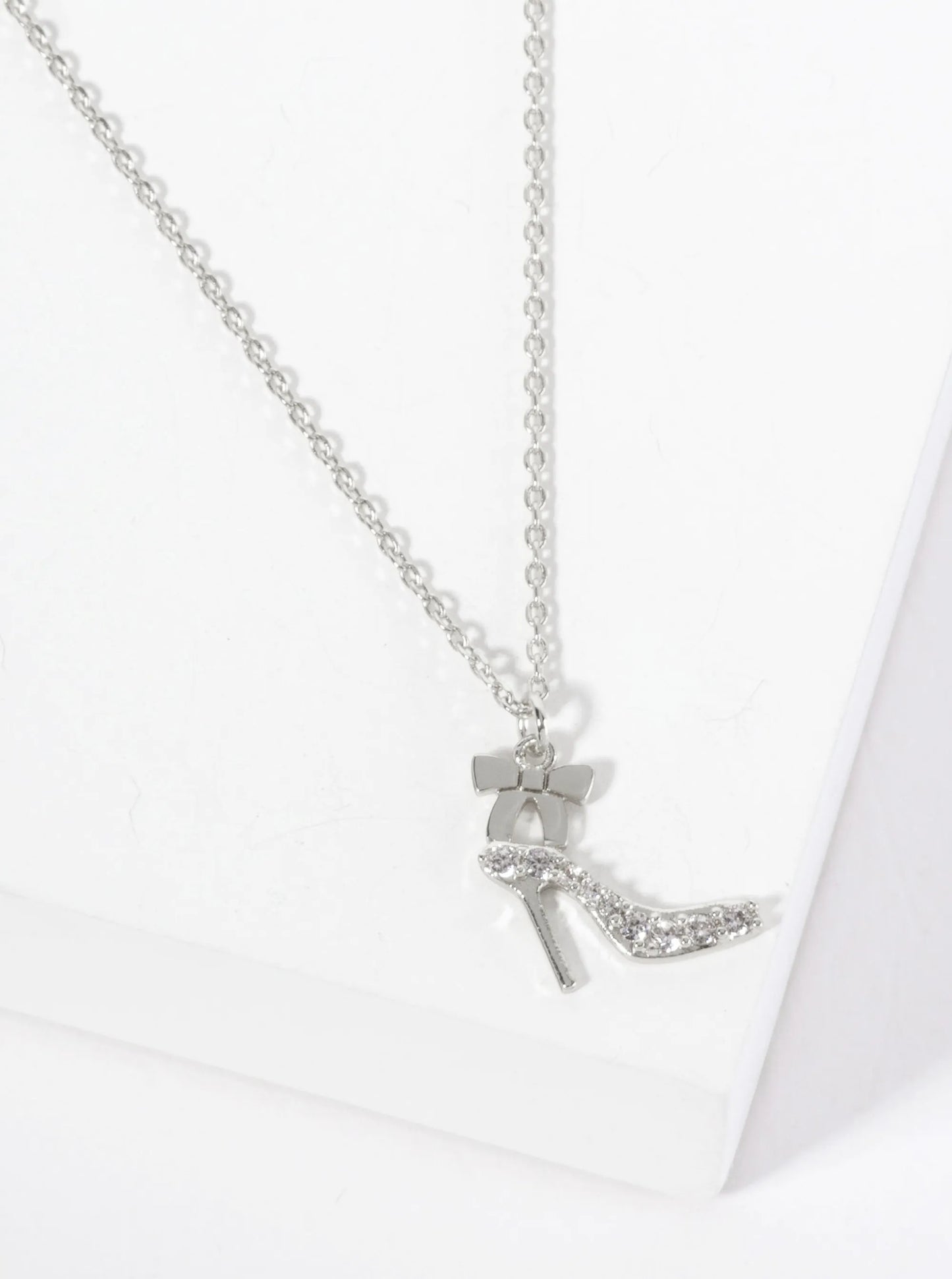 Feminine-theme 18K-Gold-Dipped Pave Set CZ High Heel And Ribbon Pendant Necklace