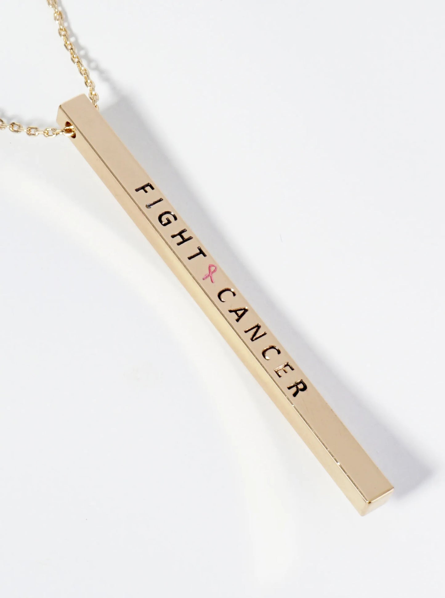 Fight Cancer Pink Ribbon Engraved Vertical Bar Pendant Inspirational Necklace