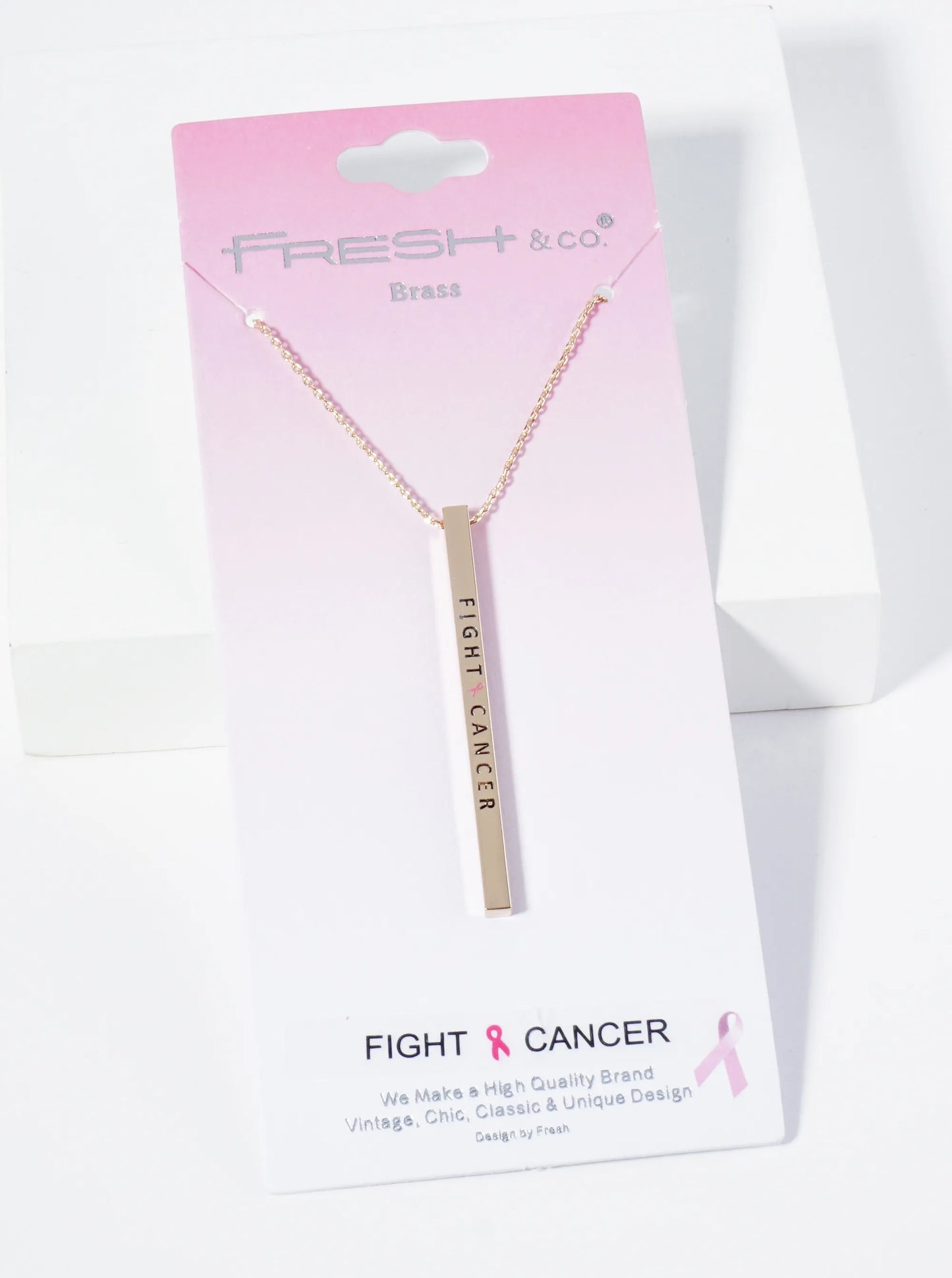 Fight Cancer Pink Ribbon Engraved Vertical Bar Pendant Inspirational Necklace
