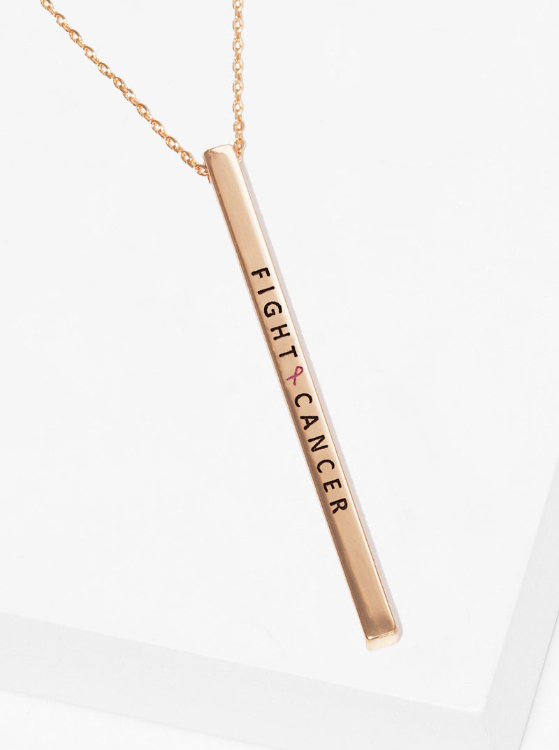 Fight Cancer Pink Ribbon Engraved Vertical Bar Pendant Inspirational Necklace