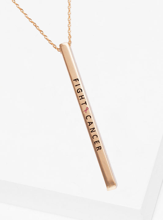 Fight Cancer Pink Ribbon Engraved Vertical Bar Pendant Inspirational Necklace