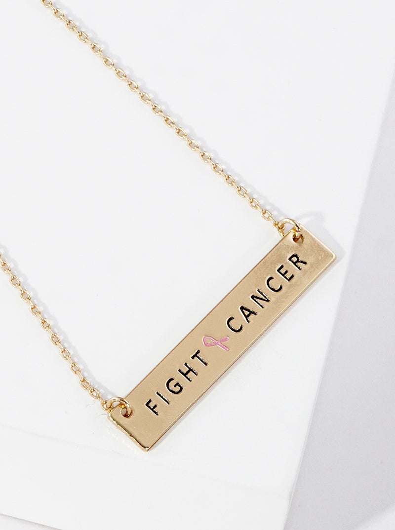 Fight Cancer Engraved Rectangle Pendant Pink Ribbon Inspirational Necklace