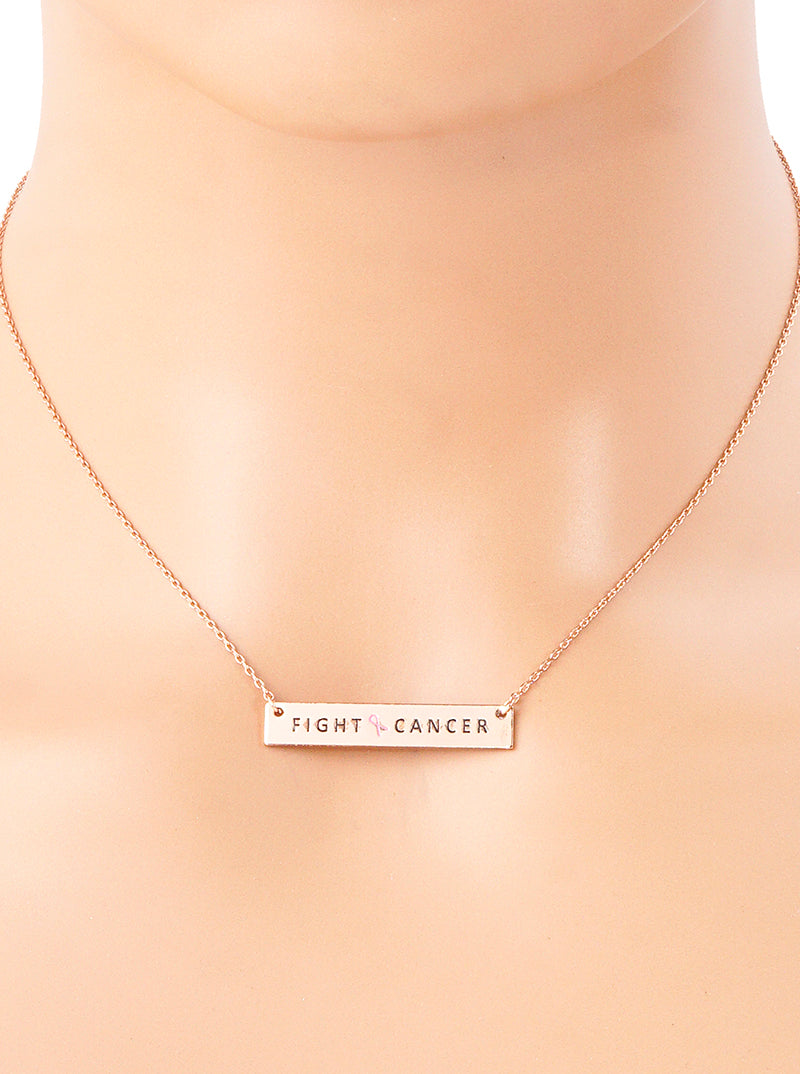 Fight Cancer Engraved Rectangle Pendant Pink Ribbon Inspirational Necklace