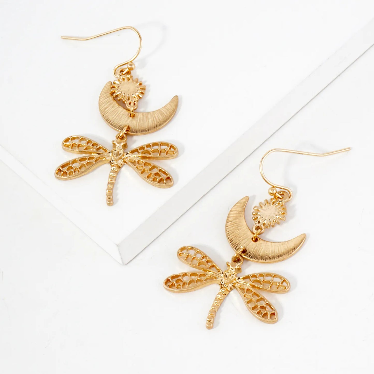 Filigree Dragonfly Drop Brushed-Texture Celestial Earrings