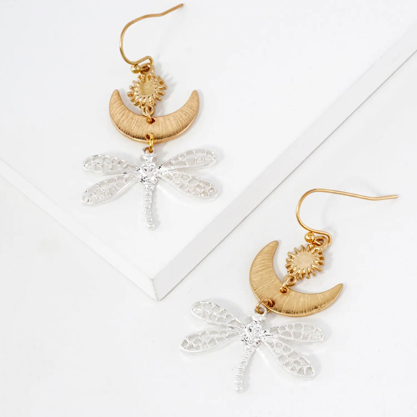 Filigree Dragonfly Drop Brushed-Texture Celestial Earrings