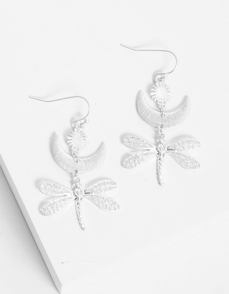 Filigree Dragonfly Drop Brushed-Texture Celestial Earrings