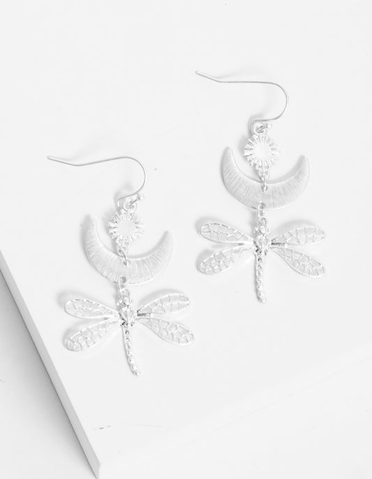 Filigree Dragonfly Drop Brushed-Texture Celestial Earrings