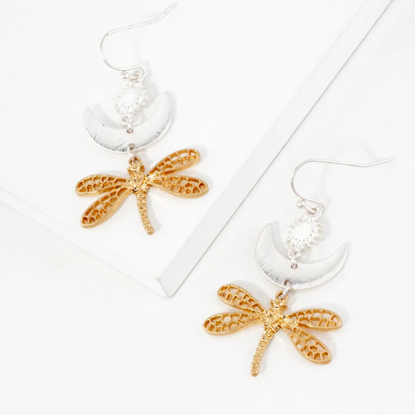 Filigree Dragonfly Drop Brushed-Texture Celestial Earrings