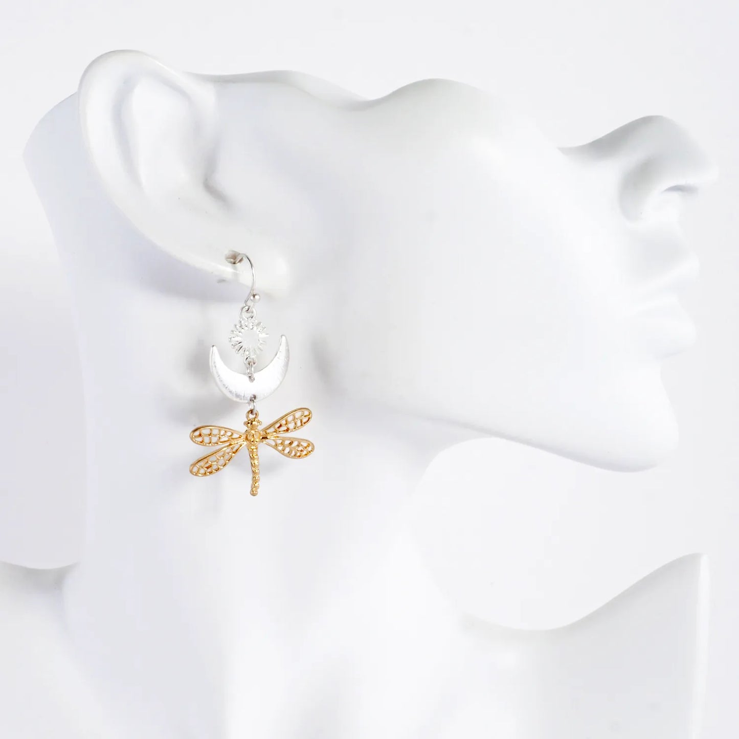 Filigree Dragonfly Drop Brushed-Texture Celestial Earrings