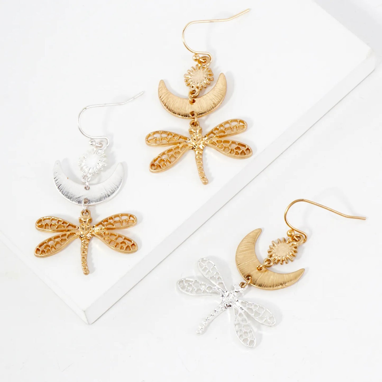 Filigree Dragonfly Drop Brushed-Texture Celestial Earrings