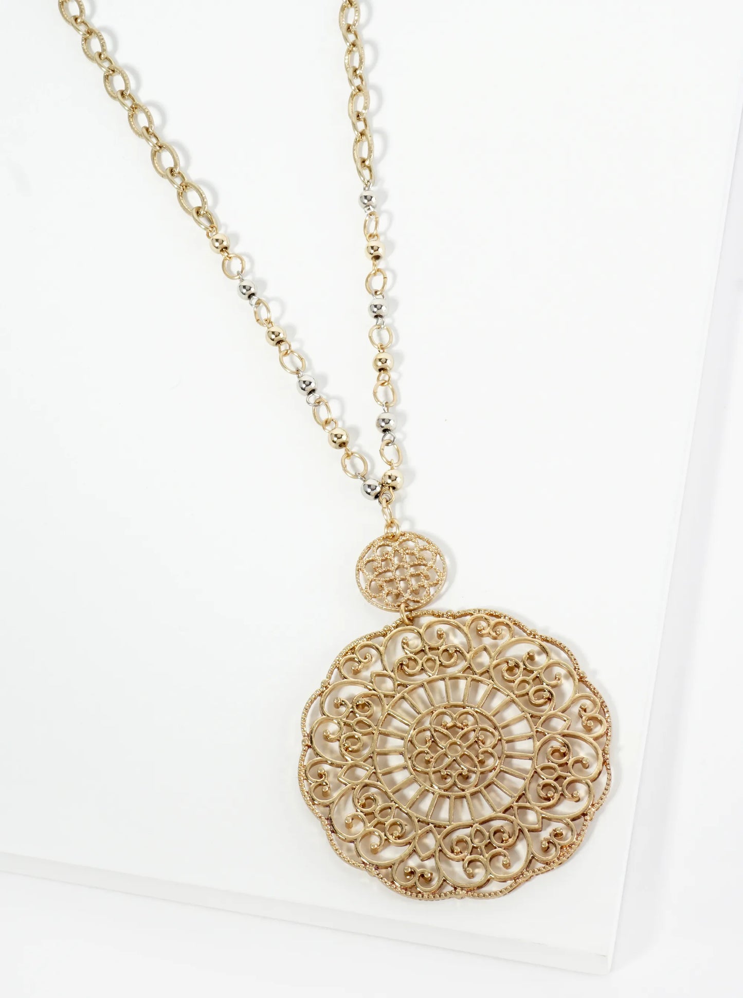 Filigree Flower Pendant 32 Inch Long Necklace