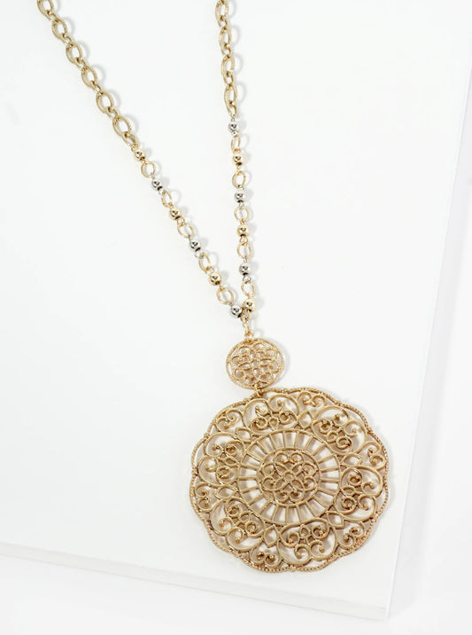 Filigree Flower Pendant 32 Inch Long Necklace