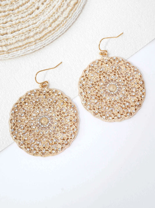 Filigree Rhinestone Round Dangle Earrings
