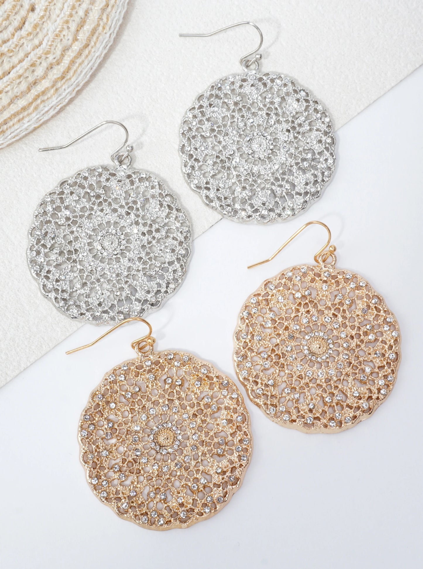 Filigree Rhinestone Round Dangle Earrings
