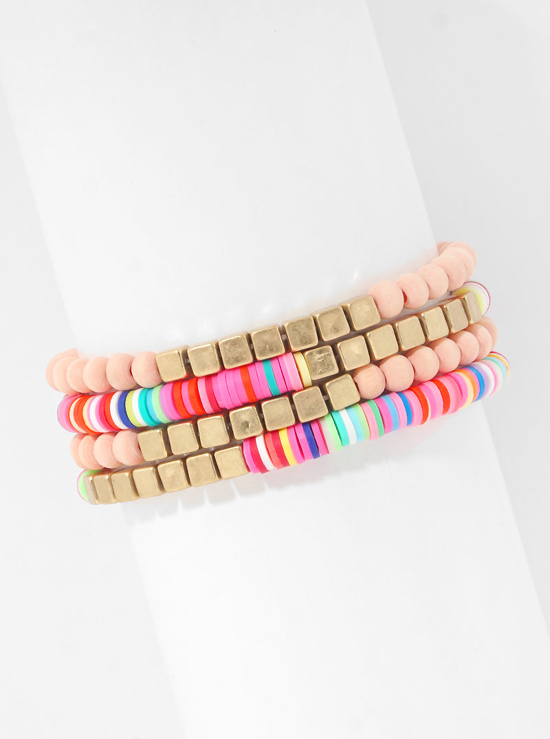 Fimo Wood Beaded Stackable Stretch Bracelets