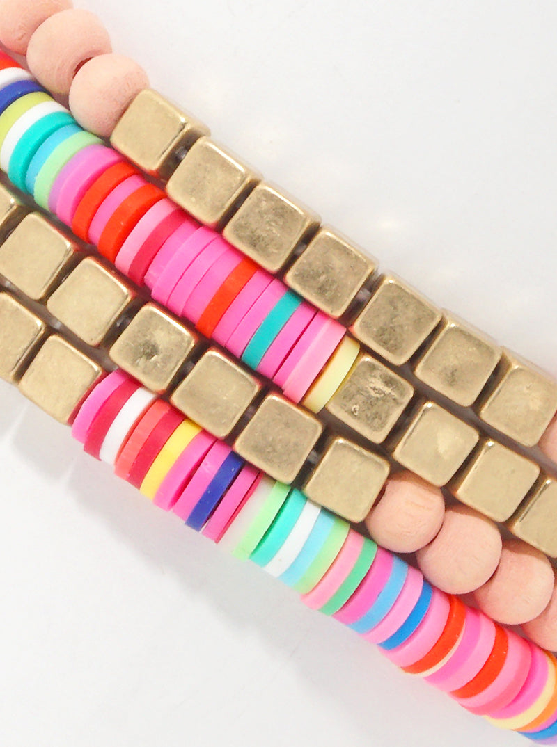 Fimo Wood Beaded Stackable Stretch Bracelets