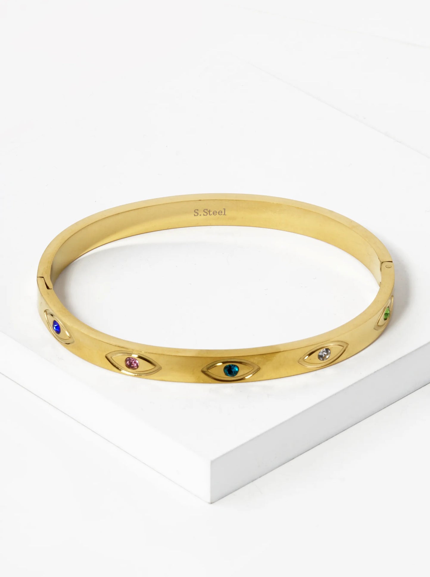 Five Evil Eye Engraved 6mm Thick Stainless Steel Open Bangle Bracelet