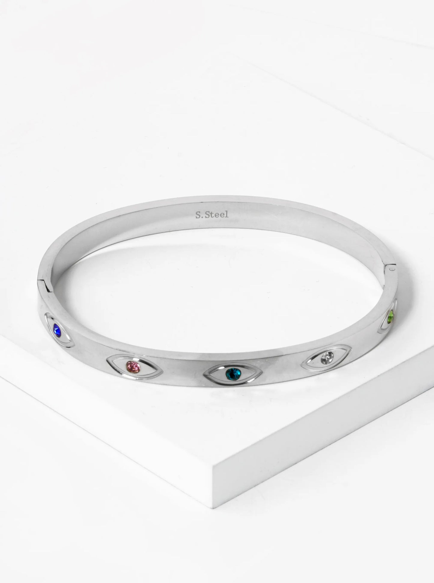 Five Evil Eye Engraved 6mm Thick Stainless Steel Open Bangle Bracelet