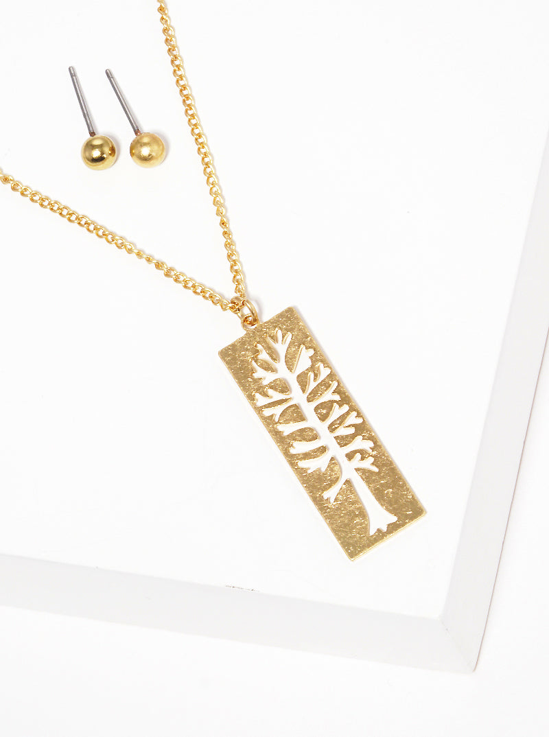 Flat Rectangle Pendant Tree Of Life Theme Necklace Set With Earrings