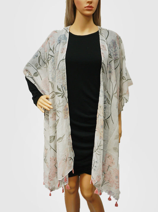 Floral Flower Pattern Tasseled Viscose Kimono